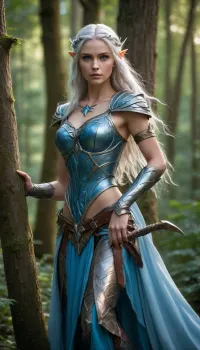 A formidable yet elegant wood elf warrior with long, flowing silver hair and ethereal features stands alert in a vibrant, majestic, mystical forest. She is clad in intricately designed, nature-inspired armor of supple leather and woven leaves, with a subtle, otherworldly glow softly illuminating her form. Her finely crafted bow is held at the ready. Her eyes, filled with ancient wisdom and a calm, resolute gaze, exude both strength and serenity. The scene is bathed in a surreal, dreamlike, soft light, casting an enchanting aura on the lush greenery, ancient trees, and shimmering streams, enhancing her warrior prowess and magical connection to the forest. Capture in a wide-angle shot that conveys a sense of awe and strength, highlighting her powerful yet graceful stance and the contrast between her delicate features and radiating strength, bright, blue, eyes, <lora:bright_blue_eyes:.8>, <lora:Portrait_perfection:.8>