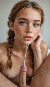 Explicit, most beautiful girl ever, ginger, braids, (horny, hungry expression, freckles, blushing, flushed face, seductive pose:1.4), she wants to suck a dick, (pussy wet with pussy juices), hand touch clitoris, (please fuck me, do it, dont stop), side full body view, small breasts visible, handjob to, (small cock:1.6), thick cum, white cum, (cum On lips and body:1.5), (ejaculation:1.6), <lora:add-detail-xl:1.2>, <lora:attractive_notrigger:1.2>, <lora:detailed_notrigger:1.2>, <lora:LCMTurboMix_Euler_A_fix:1.2>