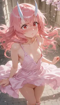 masterpiece, best quality, 1girl, solo, shuna \, (tensei shitara slime datta ken\, flat chest, slender, pink hair, bangs, hair between horns, two white horns, red eyes, embarrassed expression, blushing, flying hair, strong gust of wind, blowing wind, wind lifting dress, dress neckline blown open, accidental flashing of pussy, nipple slip, bare breasts, pink summer dress, palace terrace background, cherry blossoms, looking up, full body, low angle)