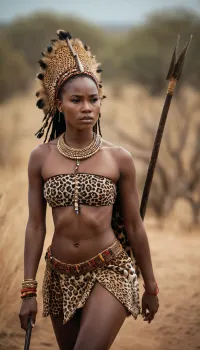 cinematic film still of, a shredded woman running away from a rhinoceros, shredded woman style, ebony skin, beautiful cute gil African Masai tribe hunter in traditional accessories adorned on nude body, ((in a leopard skin on his shoulders)), ((with a spear in his hand)), shallow depth of field, vignette, highly detailed, high budget, bokeh, cinemascope, moody, epic, gorgeous, film grain, grainy