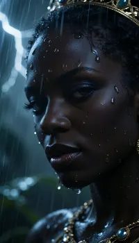 Extreme close-up portrait of a majestic African queen's face, 28 years old, African facial physiognomy, in a dark tropical jungle during a violent storm, rain pouring down, mist drifting behind her, faint lightning illuminating her face from above and behind. The camera is slightly below her eye level, so she looks down at the viewer with a cold, condescending stare, arrogant, superior, and almost cruel. Her head is slightly tilted down, chin subtly lifted in superiority, eyes narrowed with judgment and dominance. Hyper-realistic oiled skin, ultra-dark obsidian black, wet sheen, visible pores, fine natural texture, tiny raindrops clinging to her eyelashes and cheekbones. Her facial features are regal and sharp, high sculpted cheekbones, strong elegant jawline, full lips pressed together with faint disdain, eyebrows slightly lowered and arched in calculated superiority. Her eyes are piercing with deep dark irises, razor-sharp iris detail, tiny lightning catchlights reflecting in them. Expression communicates absolute authority, cold pride, and a chilling confidence that borders on menace. Only hints of her crown and jewelry are visible at the edges, wet gold and gemstones catching lightning, framing her face as a symbol of untouchable power. Cinematic storm lighting, cold blue highlights, high contrast, hyper photorealistic, 8K, extreme facial detail, shallow depth of field, intense gaze, dark jungle blur behind her.