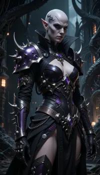 Female Drukhari commander from Warhammer 40, 000, lithe and tall with pale alabaster skin, sharp angular features and a sinister expression. Wearing dark, sleek, gothic-style armor with spiked and barbed decorations, intricate detailing, and dark metallic colors with purple and black hues. The armor is lightweight but menacing, showing advanced alien technology and cruel aesthetics. The commander is unhelmeted, revealing a sharp, cunning face with piercing eyes. Background is a dark, twisted cityscape of Commorragh with eerie lighting and alien architecture. Style is realistic, dark sci-fi with high detail and dramatic shadows.