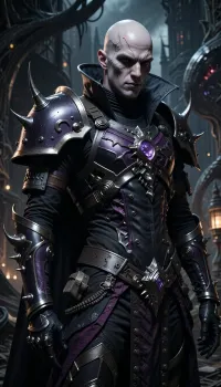 Male Drukhari commander from Warhammer 40, 000, lithe and tall with pale alabaster skin, sharp angular features and a sinister expression. Wearing dark, sleek, gothic-style armor with spiked and barbed decorations, intricate detailing, and dark metallic colors with purple and black hues. The armor is lightweight but menacing, showing advanced alien technology and cruel aesthetics. The commander is unhelmeted, revealing a sharp, cunning face with piercing eyes. Background is a dark, twisted cityscape of Commorragh with eerie lighting and alien architecture. Style is realistic, dark sci-fi with high detail and dramatic shadows.