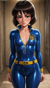 Vault girl, shadman art style, thick combines, brunette, disgruntled face, cum on overalls, cum on clothes, a lot of cum, black hair, flat chest, small breasts, 18 years old, one girl, solo, vault suit, latex, cartoon, score_9, <lora:Skirt Length - SDXL_alpha1.0_rank4_noxattn_last:2>, <lora:ahxl_v1:1>
