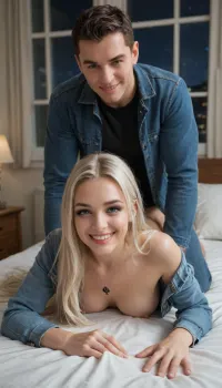 (pale woman:1.5), (fitness girl:1.2), (perfect smile:1.8), white blonde very long silky hair, full makeup, seductive, woman 20 years, she wearing denim jacket long sleeve and wear tight long jeans pants, small perky breasts, white man wear denim jacket long sleeve and long jeans visible, penis visible, huge cock, fuck, queen of spades tattoo, fucking in hotel room on bed, aggressive fuck, head down, hide face, laying on stomach, stockings, legs, prone bone creampie, man leaning from top, night, window light, flashlight, both wear same clothes