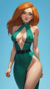 Kim possible, 1girl, lean back, asymmetrical pose, big ass, wide hips, large breasts, long black slit dress with a deep neckline, no bra, cleavage, braless, erect nipples, pussy flash