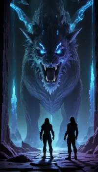 I've captured a pivotal moment in the Obsidian Labyrinth, Kael and his spectral Echo encountering a powerful apex predator. The tension is palpable as the neon-etched Chrono-Navigator stands his ground against the glowing, crystalline beast. The entire scene is bathed in that signature UV blacklight, highlighting the intricate patterns and the atmospheric haze of this fractured dimension. It's a true collision of the story's key elements.