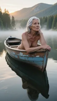 Masterpiece, ultra-realistic fine art photography, museum-quality realism, breathtaking cinematic composition. An elderly woman, approximately 70 years old, sits alone in a weathered wooden rowboat drifting across a perfectly still mountain lake at dawn. The camera is positioned low, just above the mirror-like waterline, looking slightly upward toward the bow, making the woman appear intimately close while emphasizing the remarkable depth of the composition. She leans deeply over the pointed bow of the boat, both elbows resting firmly on the worn wooden gunwales, naturally supporting the weight of her upper body. Her chin rests gently upon one hand as she gazes into the mist with quiet melancholy, profound wisdom and peaceful acceptance. Although unclothed, her body is naturally concealed by the height of the bow, her forearms and the carefully chosen camera angle, keeping the focus entirely on her face, posture and emotional presence rather than her body. Her silver hair falls softly around her face, every individual strand rendered with extraordinary realism. Every detail of her aged skin is reproduced with uncompromising fidelity, delicate wrinkles, fine lines, subtle age spots, translucent skin, visible pores, tiny veins and weathered hands. Thick morning fog blankets the lake, dissolving the distant forest into layers of soft white mist while the first golden rays of sunrise break over the mountain ridge, producing delicate volumetric light and a gentle halo around her hair. The weathered boat displays cracked paint, faded blue planks and decades of natural aging. The perfectly calm water mirrors the entire scene with breathtaking clarity, reinforcing the atmosphere of silence, solitude and timeless reflection. Razor-sharp focus on her face, ultra-shallow depth of field, cinematic color grading, HDR, extraordinary micro-contrast, award-winning fine art photography, IMAX-quality realism, masterpiece, ultra-high resolution, 8K, impossible realism.