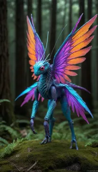 I've expanded the wildlife of this UV-reactive dimension with three new, highly detailed creatures. You'll find a majestic aerial being with iridescent wings, a powerful apex predator clad in glowing crystalline armor, and a shimmering swarm of tiny, insect-like entities that create a cloud of phosphorescent light. Each creature is intricately designed with the same neon cyan, violet, magenta, and orange patterns that define this otherworldly ecosystem. I hope these additions give you an even deeper sense of the life that thrives in this glowing world., <lora:add-detail-xl:.8>, ac_neg1