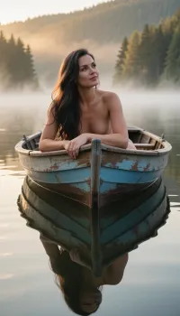Masterpiece, ultra-realistic fine art photography, museum-quality realism, breathtaking cinematic composition. A confident, breathtakingly beautiful 33-year-old woman with a naturally athletic, graceful figure sits alone in a weathered wooden rowboat drifting across a perfectly still mountain lake at dawn. The camera is positioned low, just above the mirror-like waterline, looking slightly upward toward the pointed bow, creating extraordinary depth and placing her prominently in the immediate foreground. She leans deeply over the bow, both elbows resting naturally on the worn wooden gunwales, comfortably supporting her upper body. Her chin rests gently upon one hand as she gazes peacefully into the morning mist with a warm, meditative smile that radiates serenity, kindness, wisdom and complete inner harmony. Although unclothed, her body is naturally concealed by the height of the bow, her forearms and the carefully chosen camera angle, ensuring the focus remains entirely on her expressive face, posture and tranquil presence rather than her body.

**Her long, flowing dark-blonde hair cascades softly around her shoulders, catching the first golden rays of sunrise and glowing with remarkable realism. Every strand of hair, every eyelash and every subtle facial feature is rendered with extraordinary precision. Her skin displays lifelike pores, delicate natural texture and subtle variations illuminated by the warm morning light. Dense ground fog blankets the silent lake, dissolving the distant forest and shoreline into soft layers of white mist while golden sunlight filters through, creating delicate volumetric rays and an ethereal atmosphere. The weathered wooden boat shows cracked paint, faded blue planks and decades of natural aging. The perfectly calm lake reflects the entire composition with breathtaking clarity, creating an almost symmetrical image filled with silence, peace and timeless beauty. Razor-sharp focus on her face, ultra-shallow depth of field, cinematic color grading, HDR, extraordinary micro-contrast, award-winning fine art photography, IMAX-quality realism, masterpiece, ultra-high resolution, 8K, impossible realism.