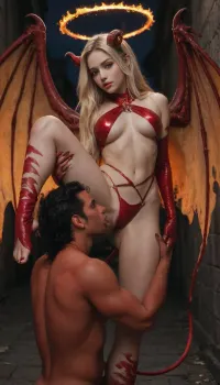 (demon and angel hybrid:1.3), long hair, blonde hair, pitch black hair, (bicolor hair:1.3), one red eye and one blue eye, angelic halo on fire, horns, claws, white with blood red stripes skin, fiery pitch back wings, sexy skimpy leather clothing, dark alleyway, night, shadows, shadowy, somber, darkness, (leg up cunilingus:1.3)