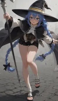 Full-body portrait of Roxy Migurdia from Mushoku Tensei, a petite youthful-looking anime female mage with fair skin and long blue-violet hair styled into two very long thick braids hanging down on both sides, each braid tied at the ends with black ribbon bows. She has large bright blue eyes, soft layered bangs framing her face, and a surprised, slightly flustered expression with her mouth slightly open.

She is wearing a large dark navy witch hat with a very wide floppy brim, a pointed crown, and a thin gold band around it. Her outfit is a fantasy mage school-style costume in dark navy, black, white, and pale blue tones. She wears a loose cream-white tunic dress with a structured white collar, long wide sleeves, dark navy cuffs decorated with small gold buttons, and dark trim along the edges. Over the tunic she wears a fitted dark navy bodice with black crossing straps, dark shoulder suspenders with gold button details, and a waist area decorated with layered belts and gold ring ornaments. The front of the tunic is split open, revealing dark navy fitted shorts or innerwear with light blue trim.

Her lower outfit includes large dark navy robe-like fabric or oversized leg coverings that have slipped down around her legs, as if she is in the middle of stepping out of them or has been caught in an awkward moment. Underneath, she wears pale cream socks or stockings and simple fantasy sandals with open toes.

Pose, dynamic and off-balance, leaning slightly forward, one arm stretched outward to the side as if trying to keep balance, the other hand lowered and gripping the fallen dark fabric near her leg. One leg is slightly bent and forward, giving the impression of movement, surprise, and a cute awkward stumble.

Expression and mood, cute, embarrassed, startled, slightly confused, but still charming and elegant. The overall feeling should be playful, magical, and endearing.

Style, highly detailed anime character illustration, clean line art, smooth shading, polished modern anime style, soft lighting, crisp details, full-body character focus, white or simple clean background, high resolution, sharp focus.