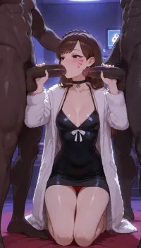 full body shot, (Anime shot), d.va from overwatch, slim, small body, small medium breasts, naughty, black choker, black tight night dress, white expensive fur coat, red panties, on knees, handjob, sloppy blowjob, 2 muscular black mans, stands, 2 huge black penises, karaoke room, no headphones, <lora:ratatatat74-000050:.8>, <lora:outline_xl_kohaku_delta_spv5x:.8>, <lora:cartoon_stickers_xl_v1:.8>, <lora:hennnachoco-NAI:.8>