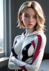 Spider-gwen: sentinelle silencieuse dans les ombres néon

- Oui.

L'IA a généré l'image de Spider-Gwen, super-héros animé 3D stylisé, se tient les bras croisés dans une pièce futuriste sombre, son bob asymétrique blonde platine attrapant la lumière cinématique douce. Son body blanc avec top noir sans manches met en valeur sa slim construction athlétique, encadrée par des vitrines bleu et rouge brillant derrière elle. Son expression sérieuse rayonne de confiance tranquille comme des lignes pures inspirées de la bande dessinée et des détails élevés élever la scène de tension dramatique.