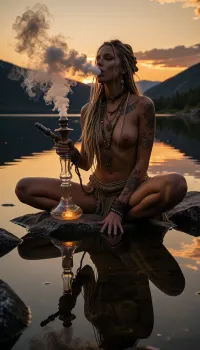 Masterpiece, ultra realistic cinematic editorial photography, low-key golden sunset exposure, opulent amber-orange grading, deep blacks, strong contrast, radiant rim light, chiaroscuro shadows, epic Scandinavian lake mood. A naturally beautiful hippie woman, 33 years old, very slim athletic physique, lightly bronzed skin, tattoos, long blonde dreadlocks with threads and beads, hyper realistic face, handmade woven hippie clothing, layered natural jewelry, sitting cross-legged on a granite boulder in a remote Scandinavian lake. In her right hand, a prominent crystal glass hookah with clear reservoir, glowing tobacco in a small shallow bowl, exhaling dense white smoke. Low frontal viewpoint over perfectly still water, flawless mirror reflection of her full body, hookah, smoke and dramatic clouds, 35mm look, analog grain, 8K photorealism, masterpiece quality.