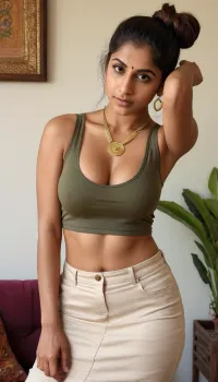 An Indian instagram baddie. In the style of a “GRWM” Reel. Smartphone front camera photo. Hair tied in a sexy messy bun with hair flowing in front of her face. Olive skin tone. She is standing in her living room wearing a tight sleeveless cropped tank top and a long desi design cotton skirt. Tank top has a low neck line. Indian makeup and jewellery. Gold armlet on her bicep. Thin bangles. Rings. Nose ring. Naval piercing. Thin elegant gold belly chain. One hand behind her head. Sexy dark armpit., ((Hairy armpit stubble)), other hand is pulling her top up slightly to expose underboob. She is bending down for the camera. She is bending forward causing her breasts to hang low. Her bra strap is visible under her tank top strap. We can see Downblouse. Deep cleavage caused by her sagging breasts. Sexy midriff. Sexy collarbones. Indian living room with furnitures, wall decor and indoor plants. Low angle. Close up.