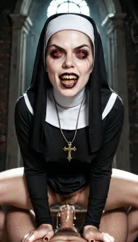nun demon Valak old face, from the horror movie The Conjuring, a scary demonic face with sharp teeth and demonic eyes, (with a very hairy vagina), a dark room, fucking she a young 20 year old guy, vaginal, doggy style position, (an exact copy of the demon Valak from the horror movie The Conjuring), nun angry face, guy very fear, cum vagina