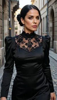 Full-body street candid photography, A 32-year-old Mediterranean woman, (TULSA48219), (walking forward on a narrow European cobblestone street. Subject Details:1), Face & Skin, Warm olive complexion, diamond face shape with high protruding cheekbones and a sharp jawline. Almond-shaped amber-brown eyes with thick dark limbal rings. Guarded neutral expression, lips pressed, head slightly tilted to the right. Realistic skin texture including visible pores on the T-zone and faint nasolabial folds. Hair, Jet black, (#0A0A0A), silky hair styled in a sleek low bun with architectural side-swept bangs framing the face. A fabric rose clip is pinned to the side of the bun. Attire, (High-fashion obsidian black ensemble. Structured high-neck bodice made of heavy black silk satin paired with a sheer floral lace ruffled choker. Silver-tone tassel earrings swaying mid-stride. Environment & Composition:1), Setting, A historic European city district at late afternoon, limestone buildings and grey cobblestones in the background. Pose, Mid-stride, rigid upright posture, capturing a sense of disciplined grace. Framing, Full-body shot, eye-level angle, (shallow depth of field with a cinematic bokeh effect blurring the urban background to keep focus on the subject. Technical Specifications:1), Lighting, High-contrast natural daylight, golden hour sun hitting one side of the face creating deep shadows and highlighting olive undertones. Quality, 8k UHD, photorealistic, raw photo, shot on 35mm lens, f/2.8. Color Grading, Cinematic color processing with muted mid-tones and deep, rich blacks to match the wardrobe palette.