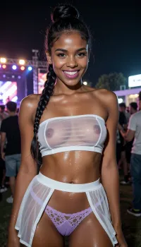 ((full body image)), (front view), an 18 year old small Black woman, (petite:1.6), at an outdoor music festival, nighttime, flashing lights illuminate her, wearing a strapless see-through white crop top, see-through white mesh skirt, visible light purple lace thong, moist sweat-coated thong, petite stature, 25 year old, (petite Black girl:1.8), ((black skin:1.5)), (oiled shiny skin:1.4), sweaty, long braided black hair, pulled up in a bun, high cheekbones, wide jaw, (youthful face:1.5), smiling at viewer, big excited smile, full lips, light purple lipstick that matches the thong, perfect teeth, large expressive eyes, ((perfect face)), (gorgeous Black girl), (freckles), (realistic skin), (medium breasts), (narrow hips), masterpiece, best quality, high resolution