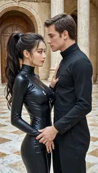 1 guy, 1 girl, guy is caucasian and girl is Korean, guy is handsome and elegant, girl has straight long black hair with a ponytail, girl is tall and slim, guy is a little bit taller than the girl, girl wears a catsuit, guy and girl are beautiful, girl has beautiful brown eyes, girl has beautiful face, guy and girl have perfect hands and perfect fingers, girl has beautiful manicure, scenery is a museum in an italian palace, girl puts her head and hands on guy's chest, guy holds girl in his arms.