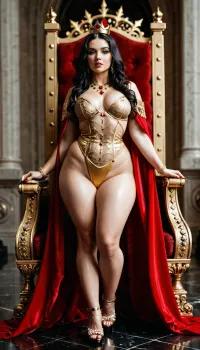 High-quality, extremely detailed 8K HD cinematic photo—a masterpiece. A full-figured queen, (plump yet with a slender waist), medium-sized breasts, and voluptuous thighs, stunningly beautiful, standing tall, wearing a gleaming gold crown and a red royal mantle, perfect features, pale white skin, and long black hair, the red mantle features shimmering gold details, a royal throne in the background., detailxl, <lora:detailed_notrigger:.8>, timeart, clock, gold, <lora:timeart:.8>