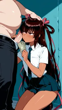 Derpixon style, simple cartoon porn, bold black outlines, vibrant flat colors, without shading, clean lines, maximum simplicity, clean flat coloring, no complex details, no gradients, no shine, Mizuki Yukikaze, tiny body, flat chest, 18 years old, adult, on the alleyway, near the wall, sexy school shirt, sexy school skirt, she is kneeling, handjob, 1girl, 1man, very fat old man, two characters in frame, man in clothes, girl holding money in hand, girl angry face expression, man standing to close, penis on her face, penis rubbing her face