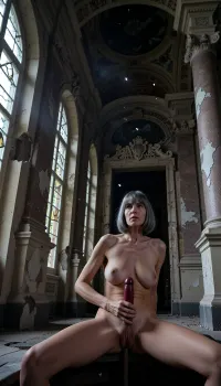 A vast, abandoned Baroque palace with imposing, cracked columns. Flaking frescoes and soot-blackened ceilings dominate the scene. A solitary figure emerges from the darkness, (an elderly woman, slightly plump, sitting at 90 years old:1.8), . Her skin is that of a woman her age. The old woman has gray hair cut in a bob., (Small, long, sagging breasts:1.8), (very detailed skin), . Gray hair cut in a bob. Completely naked, she masturbates frantically with a dark red plastic dildo, the dildo is inserted in her vagina, contrasting chiaroscuro, the cold moonlight filters through the broken stained-glass windows, casting sharp shadows that accentuate her ethereal presence. Dust particles swirl in the moonbeams. Portrait taken from a low angle, slightly from above, as she disappears into the darkness. She looks at the viewer