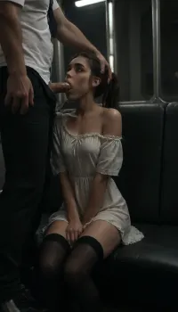 (((View from far away front))), all the character are fully visible, crowded public subway, night time, she is being recorded by bystanders, ((old, muscular, suit, man)), ((she is getting a fellatio from an old muscular man, he is ejaculating in her mouth, oral creampie, cum dripping out of her mouth)), (((she is sitting in a seat, her legs crossed))), ((he is standing next to her)), ((violation)), another bystander is groping her breast, (((defeat))), ((victim)), ((Beautiful petite female, pale skin)), ((((25 years old female)))), ((dark hair, ponytail)), bright green eyes, open eyes, tired eyes, perfect face, delicate face, perfect delicate nose, perfect eyes, eyeliner, mascara, ((petite flat breasts)), very slim waist, skinny, slim body, tan lines, perfect hands, five fingers per hand, perfect slim ass, ((she is fully clothed)), (small chest, fit firm legs, slim legs, slim thighs), light bloom, victim, violation, abuse, ((horny look)), ((exhausted)), ((seductive look)), ((simple black off shoulder loose dress, black thigh highs)), full body in frame, ((embarrassed)), best quality, photorealism, perfect faces, Ultra detailed RAW color photography, highly detailed, high level of detail, flat, chested, saliva, Old, Man, woman, sucking, a, cock, <lora:flat_chested_v3.5:1.9>, <lora:dark:1.3>, <lora:WTS - WhatTheSuck - v1:1.6>