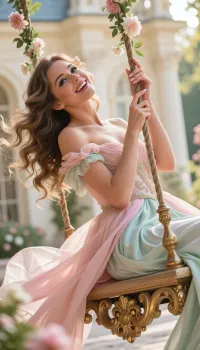 A beautiful young woman with long, wavy hair, blue eyes and a radiant, open smile is sitting on a sumptuous, intricately carved golden swing, holding tightly with both hands to one of the thick ropes entwined with fresh roses and green leaves. She is wearing an exquisite off-the-shoulder ball gown, a pink bodice with gold embroidery and ornamentation, short, voluminous ruffled sleeves in shades of pink and mint green, and a long, flowing skirt made of light, semi-transparent chiffon in shades of pink and mint, the fabric billowing as she moves. The backdrop is a majestic white classical palace with columns, pilasters and arched windows, bathed in soft, warm daylight. A romantic, dreamy atmosphere, cinematic lighting, three-dimensional lighting, high-detail rendering of skin, hair, fabrics and carvings, photorealism, masterpiece, best quality, ultra-detailed, bokeh