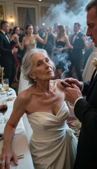 90 years old granny, most wrinkled body, most wrinkled pussy, most wrinkled face
The old man secretly fucks the drunk bridesmaid 90 years old, at the wedding, everyone is dancing, and no one sees it, wears an elegant white dress, looking up, sweaty, disheveled hair, (man looks down to her:1.4), she hides under the table, several drunk party guests dancing in the blurred background, ballroom, shot from above, haze of cigar smoke in the air, filled with dust and smoke, cinematic moody lighting, tense but charismatic atmosphere, crowd, of, people, cloudy, smoke, atmospheric, clouds, fog