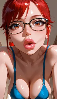 realistic, 1/4 view, 1girl, skinny, solo, nude, cute, looking to viewer, in livingroom, big eyes, red ponytail, big lips, french kiss pov, saggy tits, round breasts, long eyelashes, glasses, blue bra
