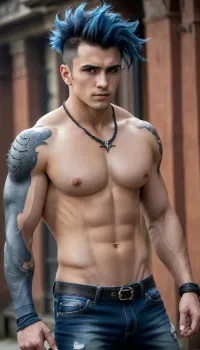 Sexy Gay Boy, Full Body, Perfect beautiful boy, Muscle hunk, sixpack abs, Young Male Guy, 20 years old, Dark Blue hair, mohawk haircut, Perfect styled mohawk, having a Giant demon tail attached to his Body, having two elegant curved Horns growing on his Head, having Long black clawlike fingernails, handsome, art, by, mooncryptowow, <lora:WowifierXL-V2:.8>