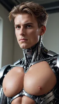 Roboticized, Robot Dude, Giant muscular 20 year Young German dude with a muscular fit Body. His hair is messy. His Body is muscular and sexy. He is youthful and Nerdy. He is cute and extremely pretty and Beautiful, modern Robot Boy, Robot body, modern tech, Roboticizer, <lora:Roboticizer:2>