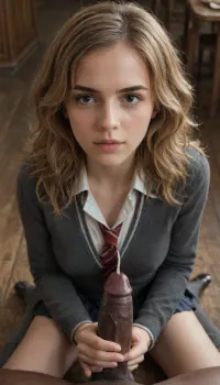 Petite Hermione granger, high part side POV, facing viewer staring transfixed by black cock, (black African man out of shot), (intricate detail Hermione Granger:1.2), detailed mouth, detailed eyes, erect nipples under clothes, (huge size difference), (detail fully clothed in Hogwarts school uniform, pleated mini skirt, thigh high overknee socks), (very excited expression:1.2), long Dark blonde complicated hair, (skinny:1.3), black very high Platform heels, (detail holding masturbating handjob wide thick black cock:1.3), (detail thick cum from cock to lips), (cumshot on lips), realistic, Hermione_Granger, <lora:Hermione_Granger:.8>