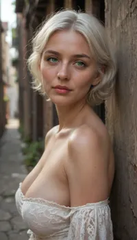 Portrait of a Old granny, Perfect old Face, Perfect old Eyes, short white hair, looking to viewer, soft green eyes, large breasts, alley behind