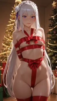 (masterpiece, best quality, highres, photorealistic anime style), 4k, highly detailed, petite girl, petite body, solo, Emilia from Re-zero, tied up under a Christmas tree, bound like a wrapped gift, crying, scared, packaged like a sex toy under the Christmas tree.