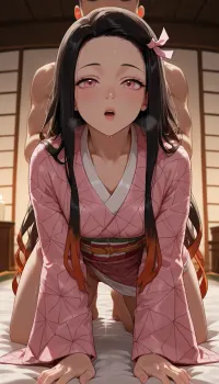 (masterpiece, best quality, highres, photorealistic anime style), Kamado Nezuko from Demon Slayer, long black hair, pink eyes, petite build, on all fours on a futon, wearing a tattered pink kimono, a man is taking her anally from behind, his hands gripping her small hips, her face is pressed into the futon to muffle her sounds, her body trembles with each thrust, a mix of pain and submission in her posture, candlelight, explicit, nsfw.