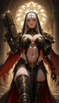 Beautiful Sister of Mercy from Warhammer 40k Adepta Sororitas, elegant yet deadly warrior-nun, porcelain skin, intense gaze, black power armor with red accents and gold purity seals partially unbuckled showing cleavage and midriff, white and black habit with fleur-de-lis, holding a bolter, standing in a dimly lit imperial shrine filled with incense and skulls, soft dramatic lighting, highly detailed armor and fabric textures, sensual atmosphere, dark fantasy, cinematic composition, 8k