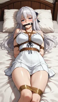 1girl, suou yuki, (alya sometimes hides her feelings in russian), silver hair, tied to bed, chains, lying on bed, gag, (adhesive tape), summer outfit, blush, gentle breeze, detailed face, cinematic composition, anime style, ultra detailed, best quality, masterpiece, 4k, ((improve_image))