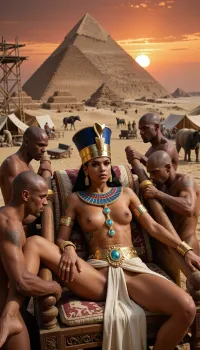 Masterpiece, ultra-photorealistic cinematic realism, ancient Egypt at a blazing desert sunset, monumental scale, uncompromising detail. In the extreme foreground, a 23-year-old Pharaoh queen reclines gracefully on layered silk cushions inside an ornate carved wooden palanquin. Two thick, smooth, cylindrical wooden carrying poles extend from the front and rear of the litter. Exactly four human male carriers with shaved heads, one positioned at each corner, support these poles firmly on their shoulders, their muscular shoulders, upper backs, hands, and partially visible heads clearly communicating physical weight, coordinated movement, and royal procession. No bears anywhere in the scene. The queen remains the absolute focal point, slender, athletic, regal, deep bronze skin, subtle ceremonial tattoos, tack-sharp eyes, visible pores, natural skin microtexture, crisp eyelashes and realistic facial detail. She wears a tall blue-and-gold Egyptian ceremonial crown with royal uraeus ornamentation. Her lower body is wrapped in an elegant, finely pleated ivory linen cloth draped around her hips, secured by a broad royal gold belt richly set with large iridescent opals and intricate engraved details. Elaborate gold-and-opal body jewelry rests naturally against her skin, a segmented ceremonial necklace begins around her neck and descends vertically across her upper torso toward her navel, each articulated gold section decorated with luminous opals, realistically following the contours of her body. Heavy gold armlets, bracelets and rings complete the royal ensemble. Behind her rises a colossal half-finished pyramid surrounded by ramps, scaffolding, timber lifting structures, thousands of workers, sprawling tent settlements, workshops, carts, stone sledges, oxen, donkeys and several distant elephants working within the vast construction site, all softened by atmospheric depth. Dense sand and suspended dust fill the air. A low ember-red sun burns through the haze, producing intense heat shimmer, volumetric light shafts, fiery amber highlights, deep underexposure, hard shadows, extreme micro-contrast, cinematic HDR, controlled bloom, razor-sharp facial focus, 35mm full-frame optics, shallow depth of field, subtle analog film grain, museum-grade textures, epic historical grandeur.