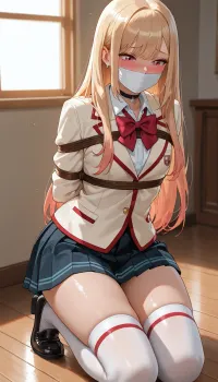 (masterpiece, best quality, highres, photorealistic anime style), Marin Kitagawa from My Dress-Up Darling, petite build, flat chest, kneeling on a wooden floor in a sunlit room, wearing her school uniform, (white blazer with red trim, black pleated skirt, white shirt, red bow tie, white thigh-high socks, black loafers), her arms are bound tightly behind her back with thick brown ropes, her legs are bound at the thighs and ankles with the same ropes, she is wearing a beige fabric gag over her mouth, looking down with a shy, blushing expression, sunlight streaming through a window behind her, warm atmosphere, detailed ropes, explicit, nsfw.