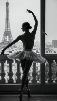 A stunning black and white photograph of a graceful ballerina captured from behind, standing on her tiptoes with arms elegantly extended. She wears a classic, layered tulle ballet tutu and pointe shoes. The ballerina is positioned in front of a large window or balcony, with a panoramic view of the Paris skyline in the background, featuring the prominent Eiffel Tower towering over the cityscape. The lighting is soft and cinematic, emphasizing the silhouette of the dancer and the iconic architecture of Paris. The image has a timeless, artistic, and melancholic atmosphere, fine art photography style, high detail.