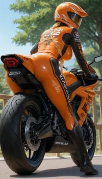 Photorealistic side-view of a woman riding a black and orange Kawasaki ZX-6R sport motorcycle on a sunny suburban street, captured from a low three-quarter rear angle looking slightly upward. She is leaning forward in a classic racing posture, body tightly hugging the tank, both hands firmly gripping the handlebars, elbows bent, knees pressed against the bike. She wears a highly detailed form-fitting black leather motorcycle racing suit with bold orange accent stripes and geometric paneling running along the arms, sides, hips and legs, the suit glossy and tightly stretched over her curves, emphasizing her athletic yet feminine figure. On her head is a matching black full-face helmet with bright orange racing stripes and prominent cat-ear shapes on top. A long thick orange-blonde braid hangs down her back from under the helmet. She wears black motorcycle gloves and black riding boots with orange details. The motorcycle is a Kawasaki ZX-6R with black fairings, vibrant orange accents, clear windscreen, visible engine details, dual exhaust, orange-rimmed wheels and the “ZX-6R” logo clearly readable on the side. Sharp daylight, strong sunlight casting defined shadows on the asphalt, background of green trees, wooden fence and houses under a clear blue sky. Ultra-high detail, realistic leather texture with subtle reflections, precise stitching and panel seams on the suit, detailed mechanical parts of the bike, sharp focus throughout, photorealistic, 8k resolution, cinematic lighting, masterpiece quality.