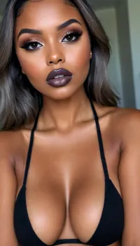 Insanely detailed photo of an 28 years old latin woman, dark skin woman, ((curvy body)), Close-up girl, ((round face)), (((brown skin))), (((full lips))), (((grey lipstick))), small cute nose, standing, face, (((round elastic medium breasts))), (((straight hair))), (((black iron-flattened hair))), (((oiled skin))), (detailed black eyes), (((slut makeup))), round earrings, green necklace, long big thick, (high resolution image), (perfect face), sexy, beauty, (ultra realistic:1.7), (maximum quality:1.5), (high resolution:1.7), (extreme detail:1.5), (ultra realism:1.6), 8k, he, photo was taken by Canon Eos, (maximum detailed skin:1.6), (((I was offended))), melanin, <lora:BUT_SDXL_SHS:.8>, <lora:melanin-XL:2>