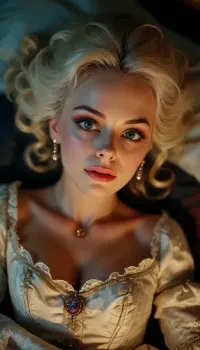 Marie Antoinette masterbation, masterbating, makeup, beautiful detailed eyes, depth blur, key visual, vibrant, highly detailed, lying on a bed, (((at night, in the dark))), (((viewed from overhead))), torchlit, <lora:bombshell_v2:1.6>, <lora:MJ52:.1>