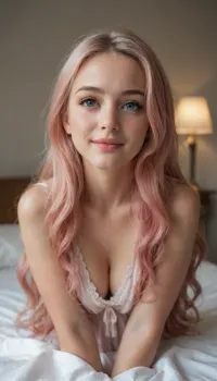 (7 points, 8 points, 9 points, 1 girl, solo, masterpiece), ((anime cosplay)), cute face, puffed up cheeks, pursed lips, eyes focused on the center, eyes together, bright room lighting, tenderness, on a large bed, posing, smiling, sexy elf costume, cute appearance, thick long pink hair, ((Australian:1.5)), (fair skin:1.2), (narrow chin:1.5), expressive eyes, (cute face:1.5), (wavy long hair:1.5), (pink hair), 23-year-old girl.