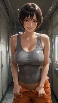 high quality, photorealistic, in messy old spaceship, electronic s-f devices, woman, dirty, sweating, (black short hair), freckles, slim, (large breasts), (orange cargo pants), (grey tank top), (big erect nipples), undressing, (pulling down pants), smile, happy, excited, (looking at viewer)