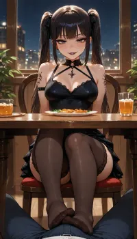 Pov, cute goth girl, solo, fit perfect body, (slim:1.3), medium breasts, tattooed body, black lace dress, black lace stockings, long black hair, pigtails, (black gothic makeup), black eyeshadow, (naughty face), (sexy:1.5), couple dinner, sitting at the chair facing the viewer, (footjob under the table), (her legs under the table), through the mans black pants, (restaurant), (night time), 4ng3l, face, green, eyes, blue, brown, perfecteyes, <lora:SDXL_BetterFaces-LoRA_v1:.8>, <lora:add-detail-xl:.8>, <lora:PerfectEyesXL:.8>