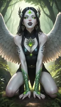 A tall, ethereal woman with long white hair containing black inner strands, white feathered wings on her head, black sclera with glowing white eyes, black lips, sharp fangs, and shifting skin that cracks to reveal a deep black layer beneath as observed from Picture 1, crouches on the forest floor, her digitigrade legs bent as she leans into the touch of the user. Her long, smooth white-scaled tail coils gently around the user's ankle. A young woman with long black hair, porcelain white skin adorned with mystical tattoos, and striking green eyes as observed from Picture 2, kneels before her, wearing elegant dark clothing. One of her hands firmly massages the white feathered head-wings of the ethereal woman, while her other hand rests gently against the other's cheek, her thumb stroking the unique cracking skin texture.

A faint, ethereal green aura shimmers around the user's hands, swirling with necromantic energy that intertwines with the cosmic presence of the woman from Picture 1. The ethereal woman's sharp fangs are positioned just inches from the user's thumb, her expression one of raw, undisguised fascination as she locks eyes with the user. The scene is set in a silent forest clearing, with tall, ancient trees and soft, mossy ground visible in the background.

Photorealistic drawing, indirect cinematic lighting, 32K resolution, intricate details, supreme render, octane engine, ambient occlusion, detailed skin texture, focused, realistic, complex render, perfect contrast. The lighting consists of soft, ambient forest light filtered through the canopy, catching the glow of the green necromantic energy and the white luminescence of the creature's eyes, creating a mystical and intimate atmosphere.