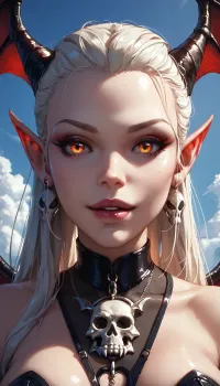 close-up macro, 0arm demonessa, skull shaped cleavage, (Amputee:1.5), batwings, sharp mountain scenery